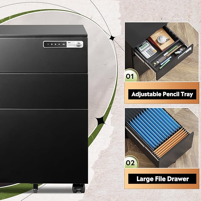 DEVAISE 3 Drawer File Cabinet with Combination Lock, Fully Assembled Metal Filling Cabinet Except Wheels, Mobile Under Desk File Cabinets for Home Office, Black