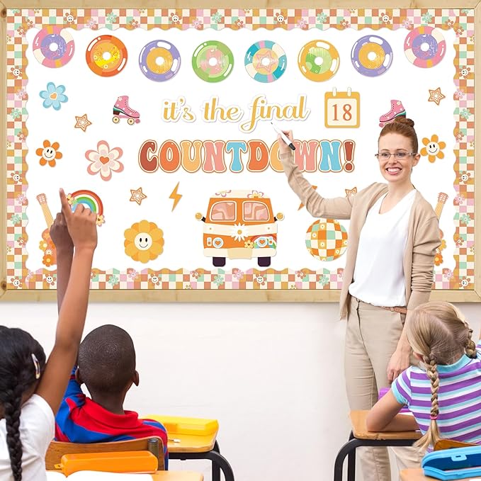 gisgfim Countdown to Summer Classroom Bulletin Board Decorations Set Spring Hippie End of The Year Cutouts May Groovy It's The Final Retro Bulletin Board for Classroom Home Wall Decor Supplies