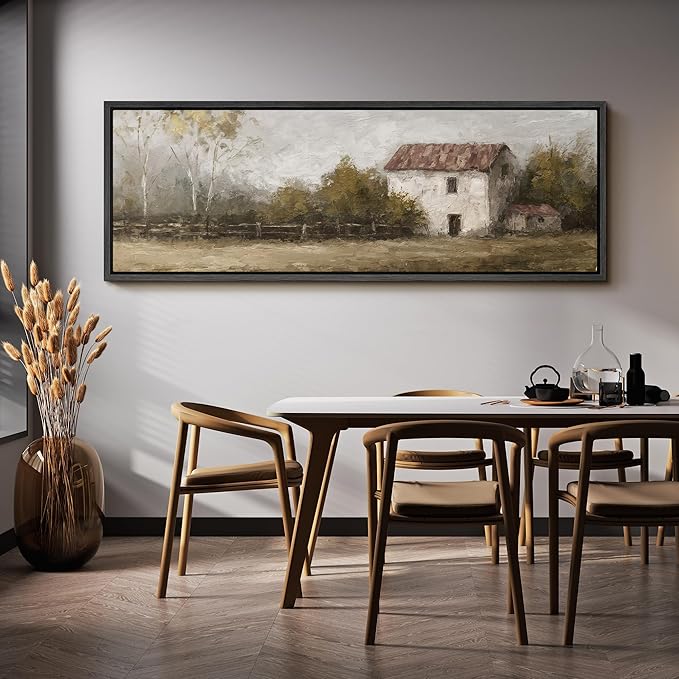 SIGNFORD Large Framed Canvas Rustic Countryside House Landscape Illustrations Modern Art Calm Warm for Living Room, Bedroom, Office - 60"x20"