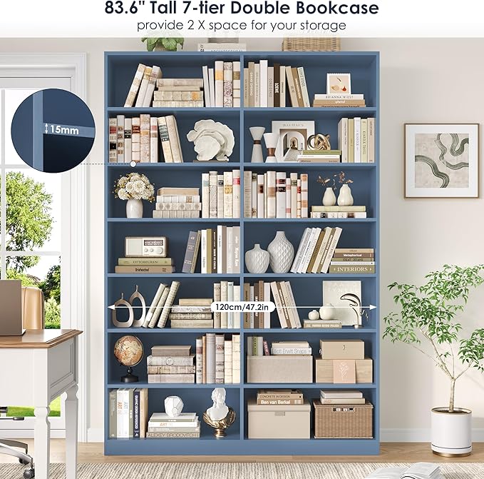 FACBOTALL 83.6" Tall Bookshelf and Bookcase, 7-Tier Extra Large Bookshelf with Double Storage, 14 Open Display Shelves for Home Office, Study and Living Room, Blue