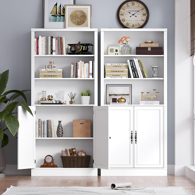 70.1" Tall Bookshelf with Cabinet, 5-Tier Floor Standing Bookcase with Doors & Adjustable Shelves, 31.5" Wide Storage Shelf, Metal Handles, Modern Organizer for Home Office, Living Room