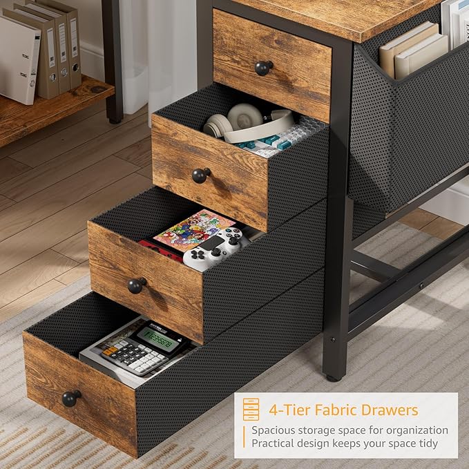 DLisiting L Shaped Computer Desk with Drawers - 47 Inch Corner Office Reversible Desk with Storage Shelves Power Outlet, Home Office Desks L-Shaped with Fabric Drawer for Teen Girls, Rustic Brown