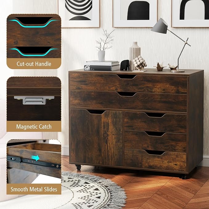 MAT EXPERT 5-Drawer Mobile File Cabinet w/Door, Lateral Filing Cabinet w/5 Universal Wheels, Rolling File Cabinets with Storage, Modern Wood Printer Stand for Home Office, Living Room (Rustic Brown)
