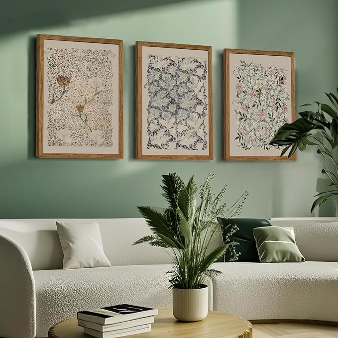 Krtoni 3PCS Framed Vintage William Morris Wall Art, Neutral Abstract Floral Canvas Artwork Prints, Rustic Boho Farmhouse Flower Botanical Picture Paintings for Living Room Bedroom Office 16W x 24H