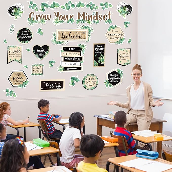 42Pcs Grow Your Mindset Bulletin Board Set Eucalyptus Leaves Greenery Paper Cutouts with 100Pcs Glue Points for Back to School Party Classroom Craft Wall Decor