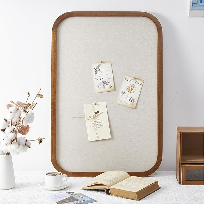 Vintage Framed Pin Board Linen Display Bulletin Board Large Cork Fabric Picture Photo Pinboard Memo Ornate Decorative Pinboard Ornate for Wall Gift(Rectangle,20'' X 30'',Light Brown)