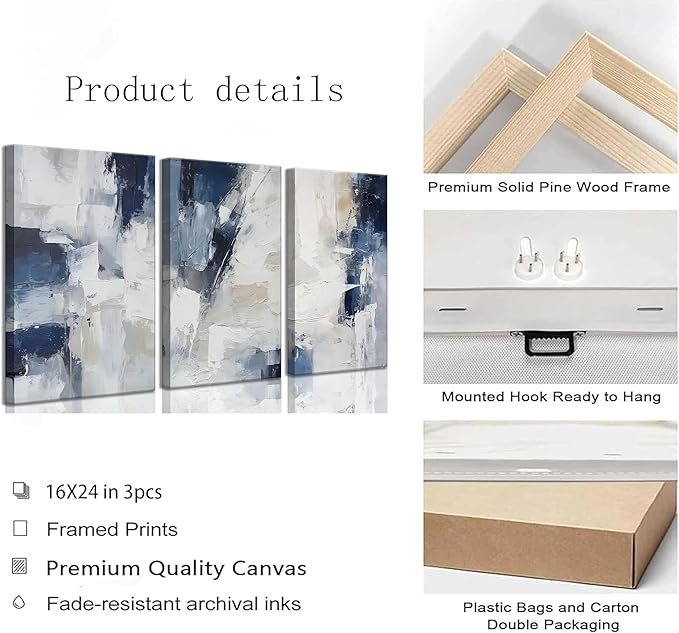 3pcs Navy Blue Abstract Canvas Wall Art Modern Minimalist Neutral Blue White Painting Picture Wall Decor Posters Prints Artworks for Living Room Bedroom Office Home Decoration