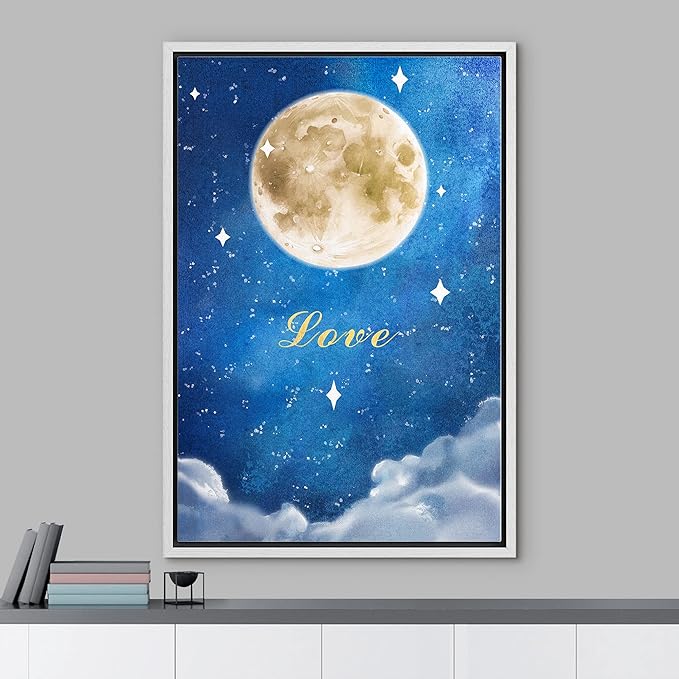IDEA4WALL Framed Canvas Print Wall Art Love Watercolor Galaxy with Yellow Moon Astronomy & Space Sky Illustrations Modern Art Glam Colorful Ultra for Living Room, Bedroom, Office - 24"x36" WHITE
