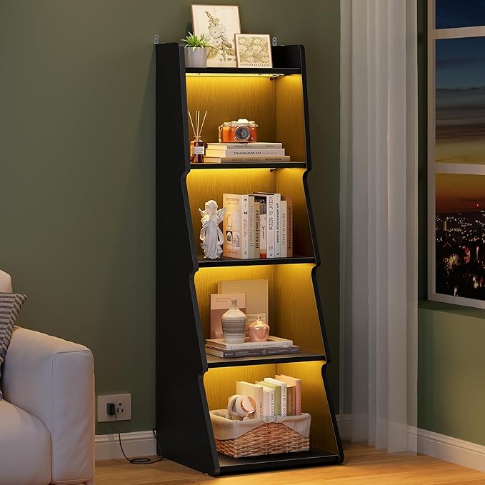 Hoctieon 5-Tier Open Bookcase and Bookshelf with LED Light, Floor Standing Display Storage Shelves, Wood Modern Display Organizer for Home Office, Living Room, Bedroom, Study, Black