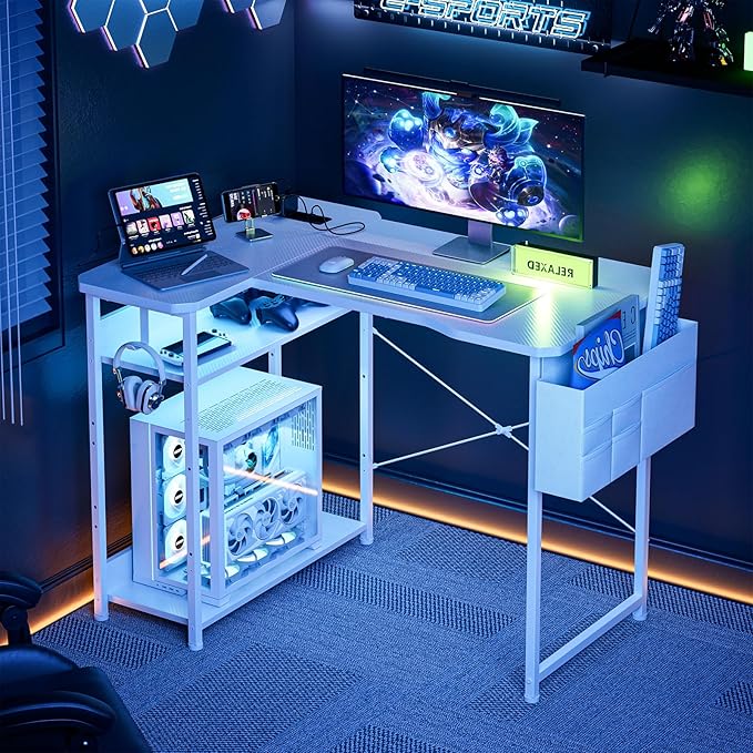 L Shaped Gaming Desk 55 Inch - Computer Corner Desk with Power Outlets, Reversible Shelves & Storage Bag for Home Office, PC Gaming Table, White Carbon