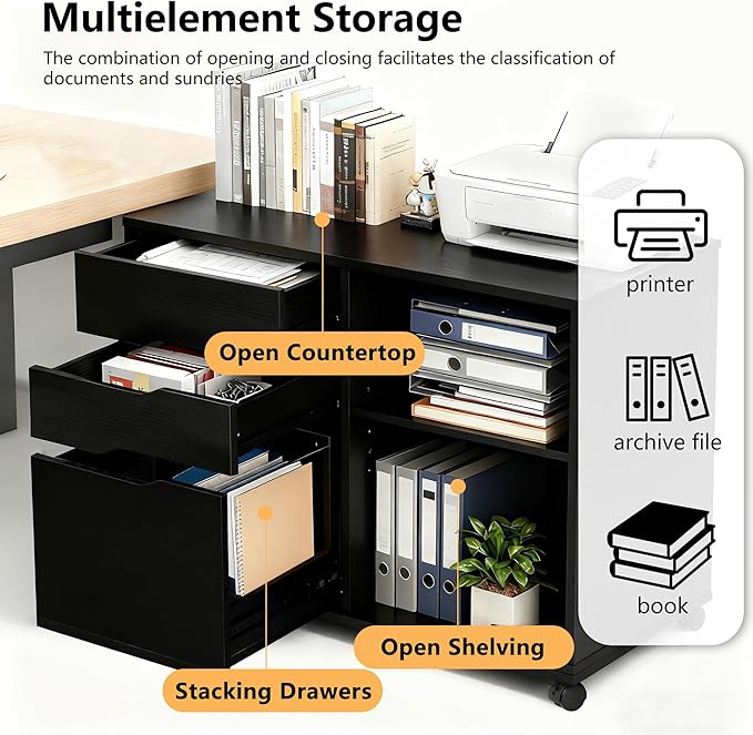 PayLessHere Lateral File Cabinet with 3 Drawers | Rolling Filing Cabinets Under Desk Storage with Wheels | Printer Stand Wood Organizer with Adjustable Shelf for Home Office Small Space, Black