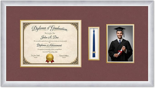 Diploma Tassel and Photo Frame Stainless Silver Shadowbox Dark Red Over Gold Mat - Fits 11 x 8.5 Degree Picture Made in the USA
