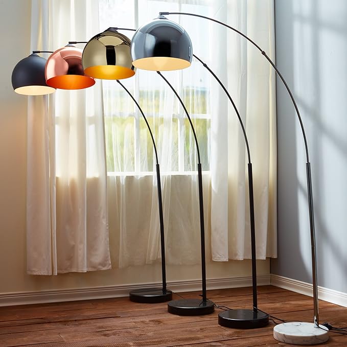 Teamson Home Arquer 68.1" Arc Floor Lamp for Living Rooms, Home Offices, Dining Rooms, Bedrooms with Faux White Marble Base and Chrome Bell Shade