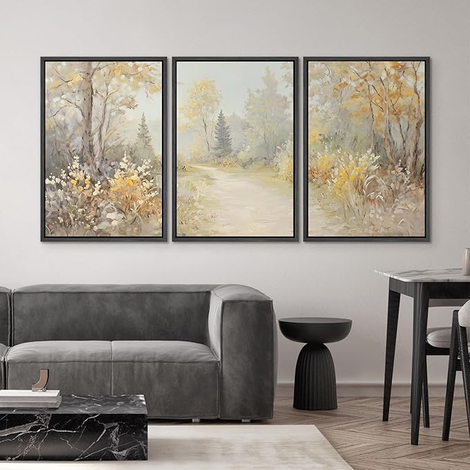 SIGNWIN Framed Canvas Print Wall Art Set Golden Woodland Path Impressionist Nature Scene Illustrations Modern Art Decorative for Living Room, Bedroom, Office - 16"x24"x3 Black