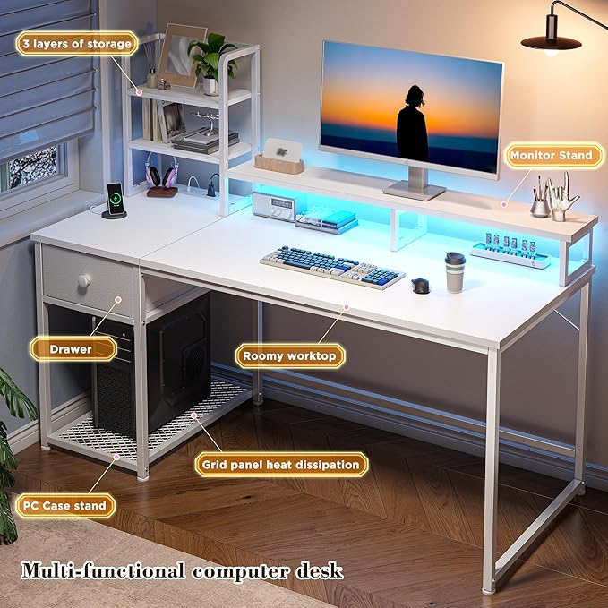 44 Inch Small White Computer Desk with Drawers and Hutch,Reversible Home Office Desk with Monitor Shelf,Gaming Desks with USB Power Outlets&Storage,Writing Table for Bedroom with LED Lights,White