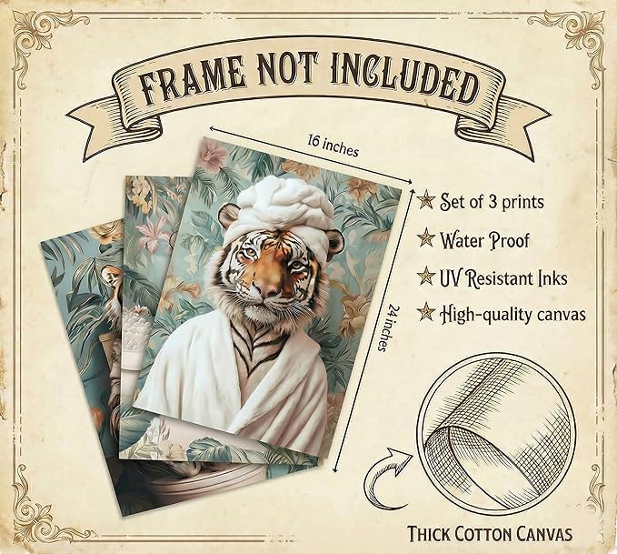 3pcs Funny Bathroom Tiger Canvas Wall Art Boho Tropical Botanical Tiger Reading Newspaper On Toilet Posters Prints Animal In Bathtub Wall Decor Pictures for Bathroom Decoration Unframed