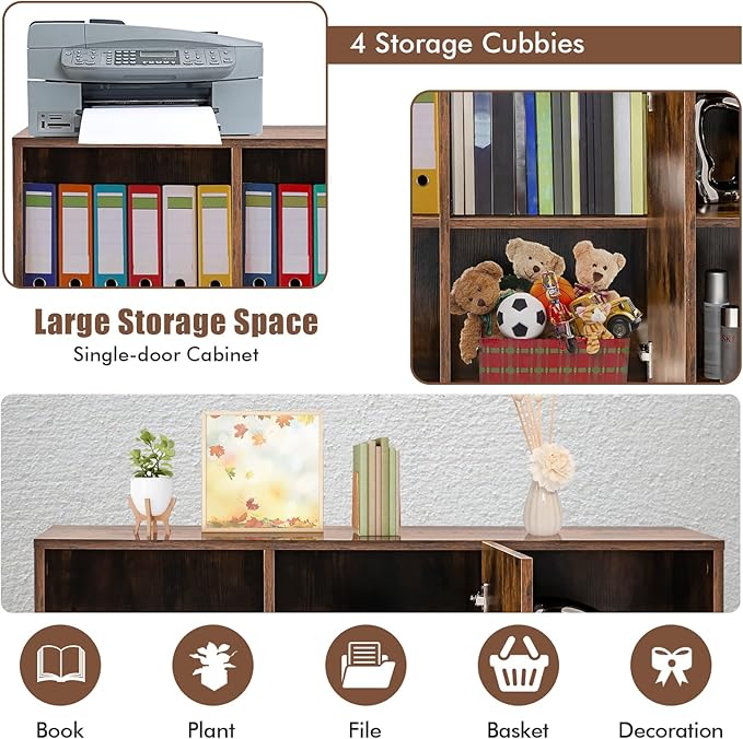 Giantex Office File Cabinet Organizer, Mobile Lateral Filing Cabinets with Door, Shelf, Lockable Rolling Wheels, 4 Open Compartments, TSCA Certification, Storage Under Desk Printer Stand (Brown)