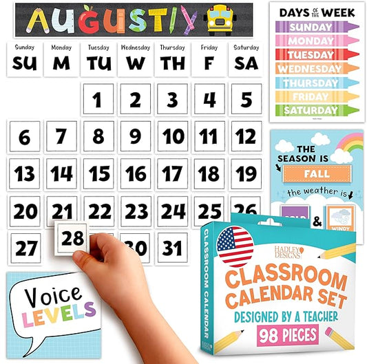 Hadley Designs Classroom Calendar Set Bulletin Board Decorations - Colorful School Calendar for Classroom Decor, Kindergarten Preschool Elementary Teacher Must Haves, Homeschool & Daycare Essentials