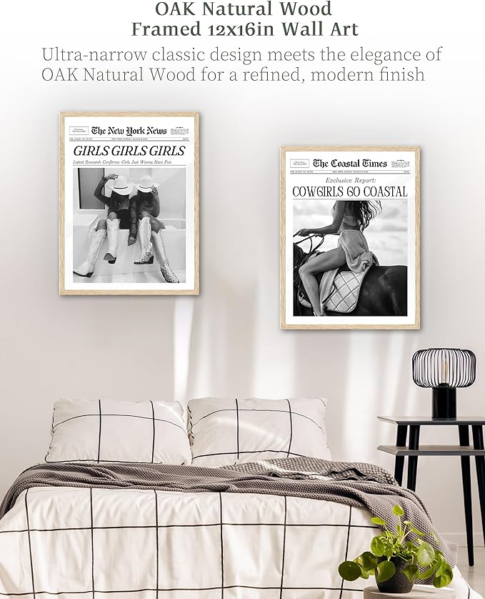 iHery Cowgirls Go Coastal Framed NewsPaper Canvas Wall Art,Natural OAK Wood 12x16in Wall Decor For Bedroom, Trendy Western Horseback Riding Times for Dorm Living Room, Home Décor 1Pack