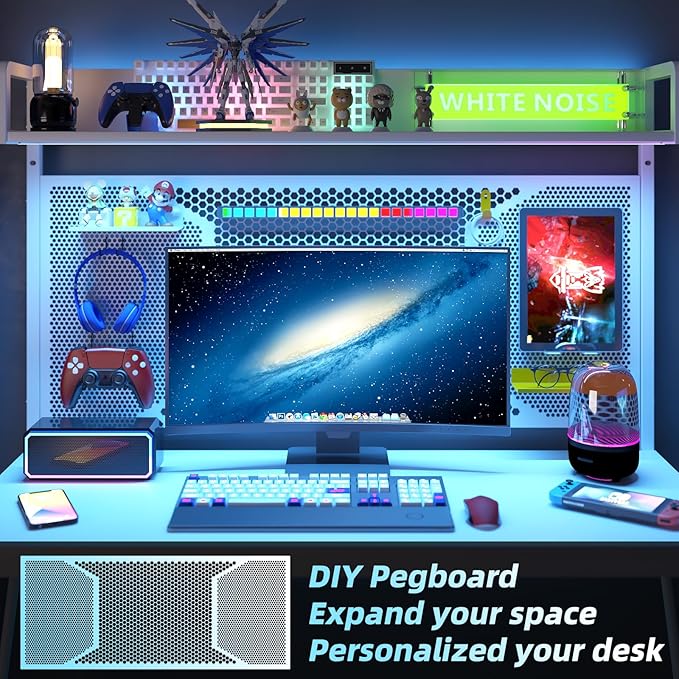 Elephance Small Gaming Desk with Pegboard, 39 Inch Computer Desk with Storage Shelves, Modern Office Desk for Study Work Home Office, Small Spaces, White