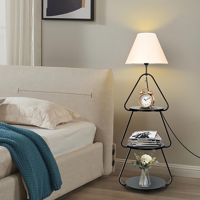 Floor Lamp with Small Round Side Table, 3-Tier Circular End Table with Storage Shelf, Round Corner Coffee Desk Nightstand for Living Room Bedroom Small Spaces, Black