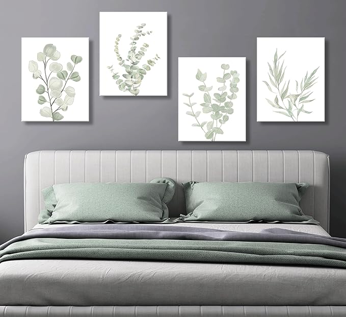 4pcs Sage Green Boho Wall Art Eucalyptus Posters Green plants Canvas Minimalist Plant Painting Modern Farmhouse prints Flower Leaves Prints Wall Decor framed
