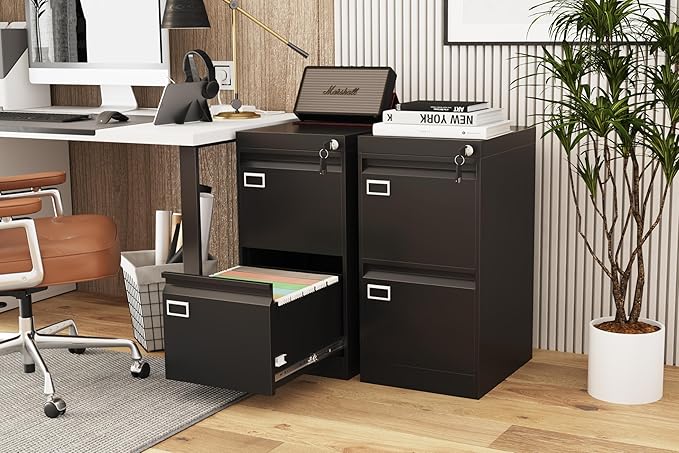2 Drawer File Cabinet with Lock, Metal Small File Cabinet, Black Filing Cabinets for Home Office, Vertical File Cabinets Locked