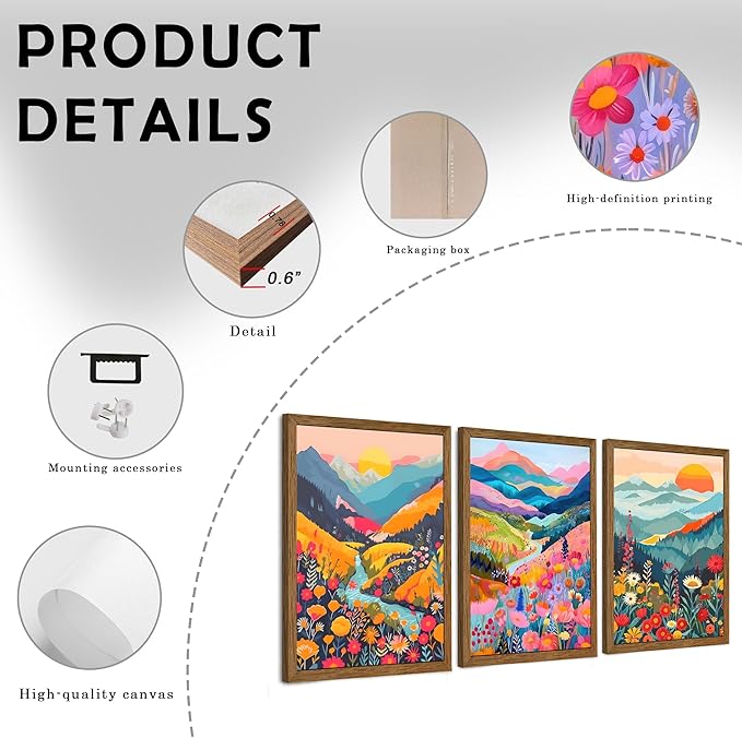 InspiredHues Colorful Mountain Boho Canvas Wall Art Set, 3 Piece Watercolor Flower Picture Wall Decor, Abstract Nature Landscape Artwork Prints for Living Room Bedroom Office 12x16 In Wood Framed