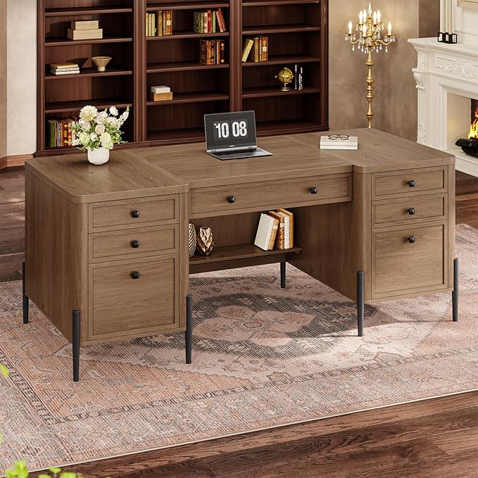 63" Executive Desk with 5 Drawers, Farmhouse Home Office Desks with 2 Storage Cabinet and Keyboard Tray, Large Boss Desk with Privacy Panel, Modern Table with Open Shelf and File Drawer
