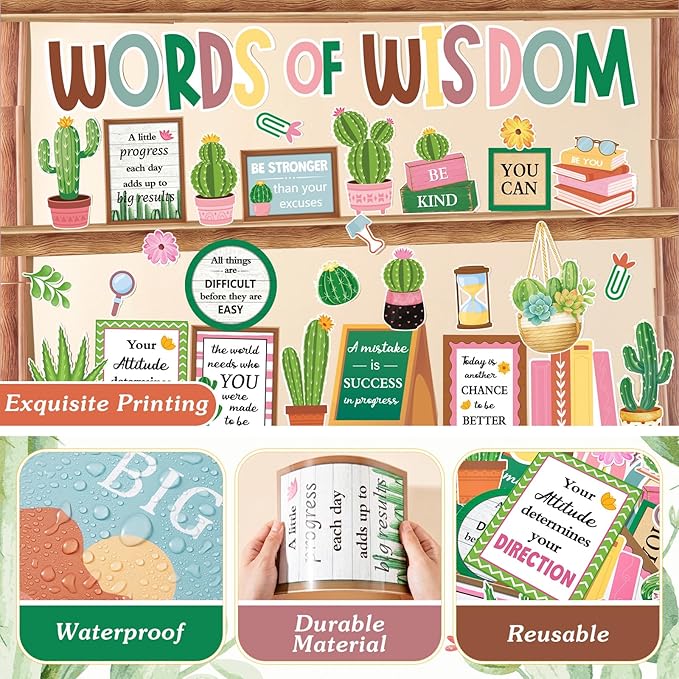 57 Pcs Cactus Bulletin Board Set Inspirational Summer Bulletin Board Decoration Positive Cutout Classroom Decoration for School Office Home Teacher Classroom Wall Supplies