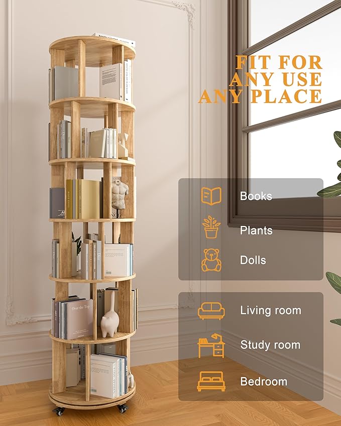 Rotating Bookshelf, 6 Tier Solid Wood Bookshelf Tower with Lockable Wheels, 360° Spinning Revolving Bookcase for Small Spaces, Corners, Bedroom, Kids Room, Home Office, Natural