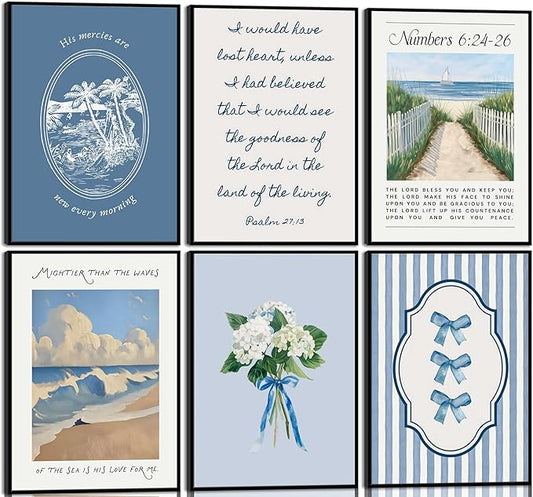 6Pcs Blue Coastal Christian Wall Art Bible Verse Canvas Painting Coastal Granddaughter Preppy Pictures Wall Decor Blue Hydrangea Bow Aesthetics Posters Prints for Girls Bedroom Living Unframed