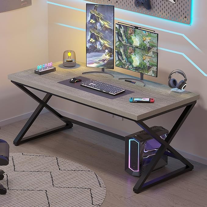 IBF Gray Computer Desk, Industrial 60” Work Desk for Writing Study, Simple Wooden Metal Executive Home Office Desk, Modern Pc Gaming Laptop Workstation Computer Table in Bedroom, Light Grey Oak