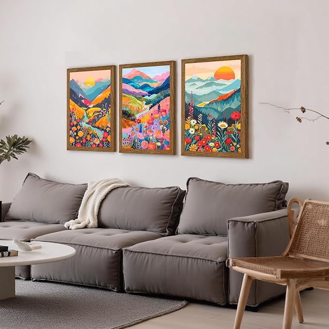 InspiredHues Colorful Mountain Boho Canvas Wall Art Set, 3 Piece Watercolor Flower Picture Wall Decor, Abstract Nature Landscape Artwork Prints for Living Room Bedroom Office 16x24 In Wood Framed