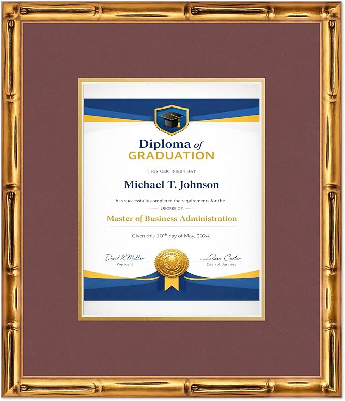 Diploma Frame Gold Bamboo with Dark Red Over Gold Double Mat - Fits 8.5 x 11 Certificate (Portrait) Wall Display Made in the USA