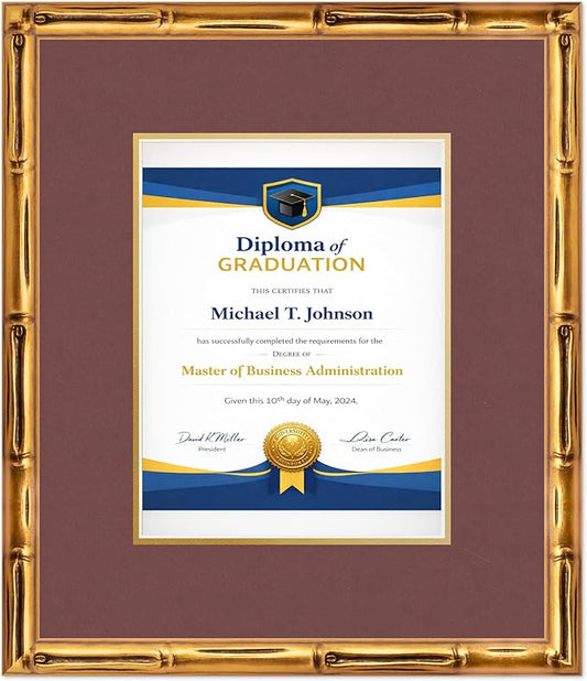 Diploma Frame Gold Bamboo with Dark Red Over Gold Double Mat - Fits 8.5 x 11 Certificate (Portrait) Wall Display Made in the USA