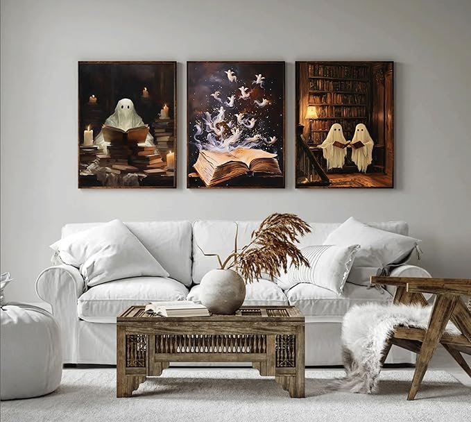 3Pcs Halloween Cute Vintage Ghost Wall Art Library Ghost Reading Books Painting Picturts Wall Decor Gothic Dark Academia Posters Print Artwork for Bedroom Living Room Home Decoration Unframed