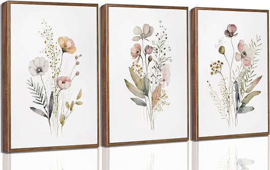3Pcs Framed Watercolor Wildflower Canvas Wall Art Modern Minimalist Colorful Botanical Floral Painting Pictures Wall Decor Flower Posters Print Artwork for Living Room Bedroom Woman's room Decoration