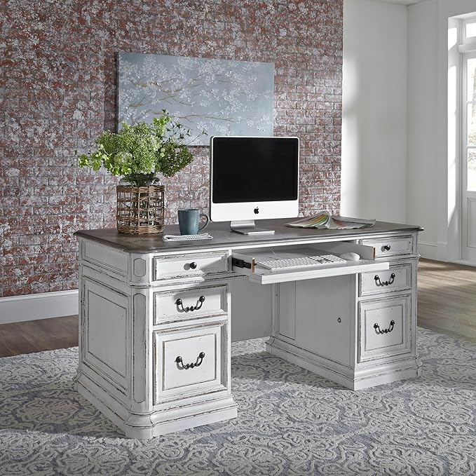 Liberty Furniture Magnolia Manor Complete 5 Piece Desk Set for Home Office - Antique White & Weathered Bark