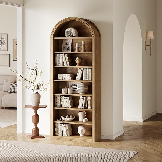 LITTLE TREE 8-Tier Bookcase, 78.7" Tall Bookshelf with Arched Top, Large Freestanding Wooden Open Bookcase Bookshelf, Modern Display Book Shelf for Living Room, Bedroom, Office, Library, Vintage Brown