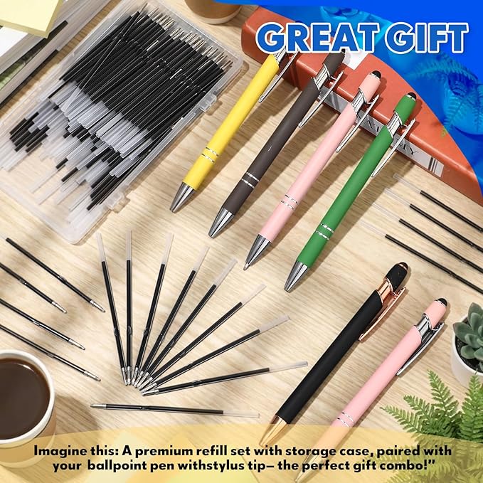 Zonon 100 Pcs 3.85 Inch Retractable Ballpoint Pen Refills Bulk for Metal Pens with Stylus Tip, 1 mm Medium Point Tip, 2 in 1 Touch Screen Stylus Pen Refills for Click Pens with Spring(Black Ink)