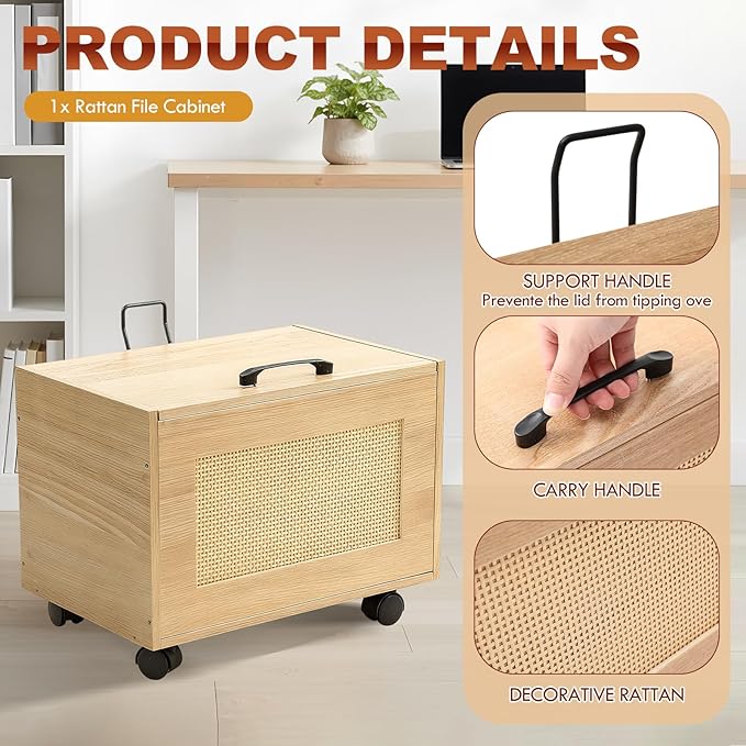 Rattan File Cabinet Hanging File Organizer Box with Lid Rolling Wicker Filing Cabinet for Home Office for Letter/Legal Size