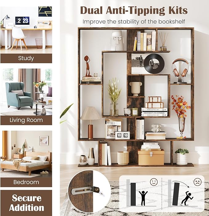 Giantex 7-Tier Geometric Bookshelf, Modern Bookcase with Open Shelves, Freestanding Display Shelf with Anti-Tip Kit, Storage Rack for Living Room Bedroom Study, 49.5''L x 8.5''W x 59''H (Rustic Brown)