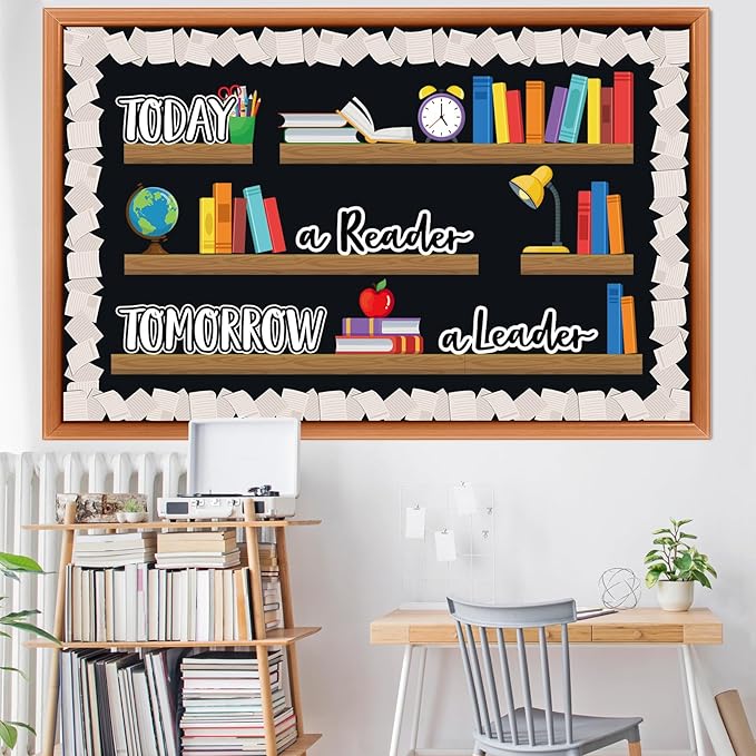 Qilery Bookshelf Bulletin Board Set Today a Reader Tomorrow a Leader Motivational Classroom Decor Reading Library Bulletin Board Set Inspirational Cutout for Back to School Classroom Decoration