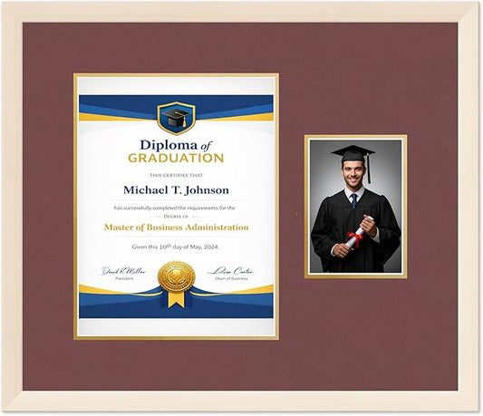 Diploma Frame With Photo Opening Coastal Whitewash Dark Red Over Gold Mat - Fits 10 x 13 Degree and Picture Made in the USA
