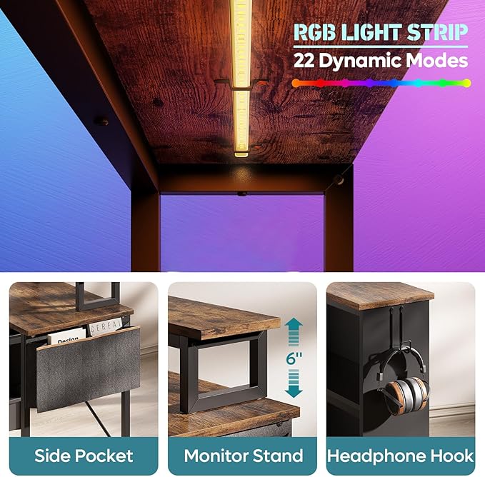 Bestier Small L Shaped Desk with LED Lights, 42 Reversible Computer Desk with Open Storage Cabinet & Monitor Stand, Corner Desk with Side Storage Bag for Home Office Bedroom, Rustic Brown