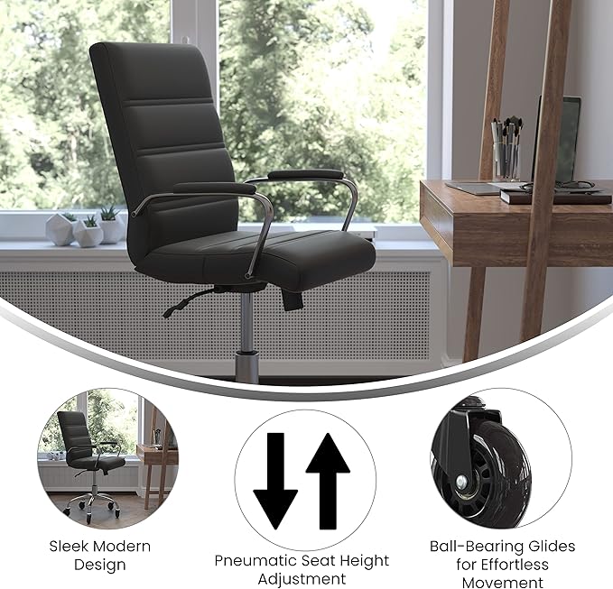 Flash Furniture Camilia Mid-Back Black LeatherSoft Executive Swivel Office Chair with Chrome Frame, Arms, and Transparent Roller Wheels