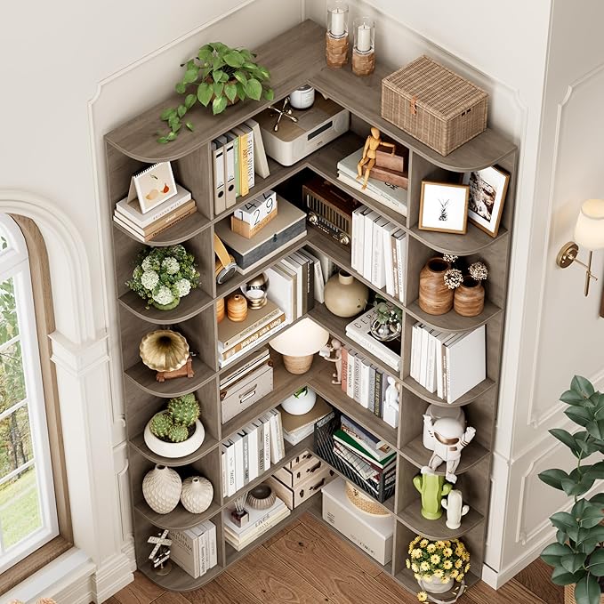 FOTOSOK 74” Tall Corner Bookshelf, 6-Tier Bookshelf and Bookcase with Open Storage, Tall Bookcases Wooden Storage Shelves for Home Office, Thickened Boards for Better Load Bearing, Vintage Grey