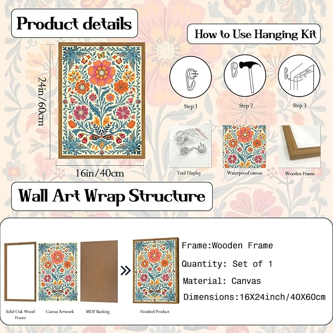 Framed Vintage Mexican Floral Canvas Wall Art, Colorful Folk Flower Wall Decor Pictures, Boho Botanical Painting Prints Rustic Home Decor for Living Room Bedroom 16x24 inch