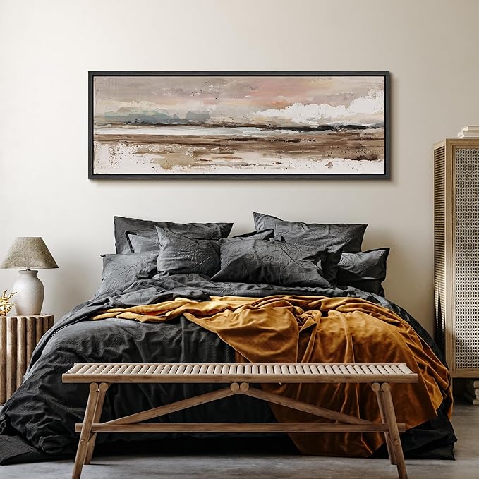 SIGNFORD Large Framed Canvas Coastal Horizon Textured Abstract Illustrations Modern Art Calm Warm for Living Room, Bedroom, Office - 60"x20"